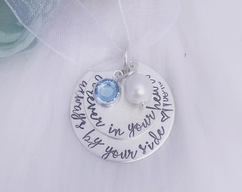 Personalized Bouquet Charm - Hand Stamped - Bridal Bouquet Charm Wedding Bouquet - Something Blue & Pearl - Bouquet Accessories