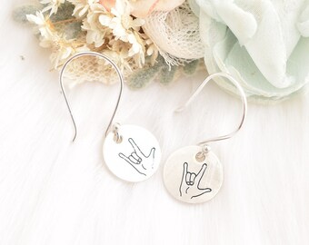Sign Language I love You sign Earrings - Deaf ASL Love Sign - I love you jewelry - Hand Stamped ASL - I Love You ASL Jewelry