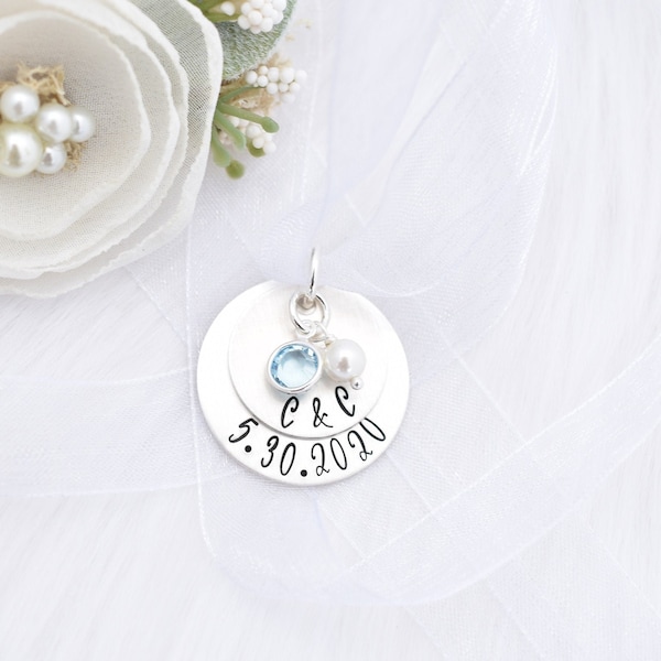 Personalized Bouquet Charm - Hand Stamped - Bridal Bouquet Charm Wedding Bouquet - Something Blue & Pearl - Bouquet Accessories