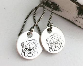 Silver Bulldog Earrings - Hand Stamped Earrings - Bulldog Stamped Earrings - Bulldog Dangle Earrings - Bulldog Lover - Gifts under 25