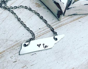 Tennessee Necklace - Hand Stamped Jewelry - Tennessee Heart Necklace - Tennessee State Necklace - Tennessee Home Necklace - TN Necklace