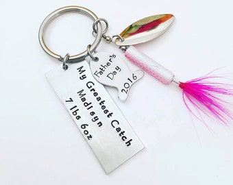 Fathers Day Fishing Lure - Personalized Hand Stamped Key Chain - My Greatest Catch - Dad Gift - Baby Weight - Fish Fishing Dad