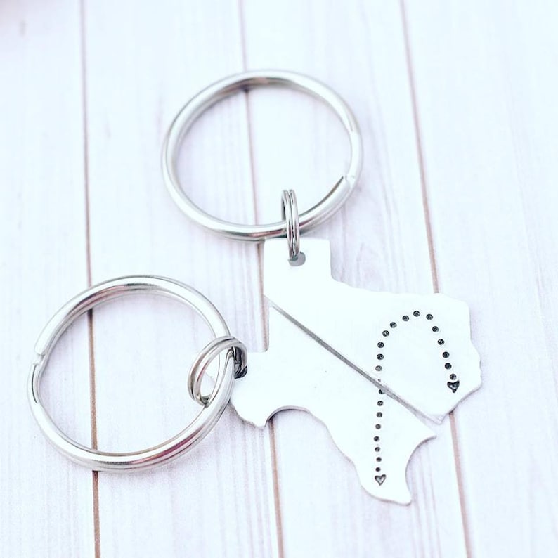 Split State Long Distance Relationship Keychain Gift // Hand Stamped Keychain Set // Personalized State Keychain Set // Boyfriend Gift image 1