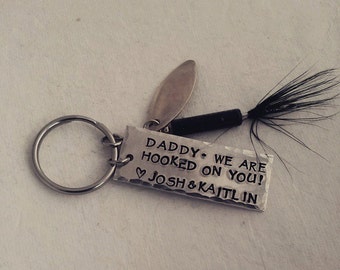 Fathers Day Fishing Lure - Personalized Hand Stamped Key Chain - We are hooked on you - Mens Gift - Custom Keychain - Fish Fishing Dad