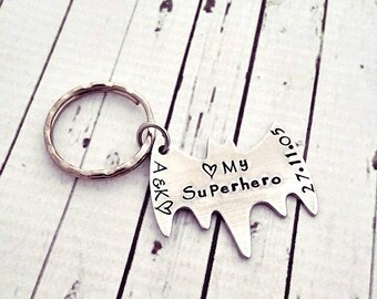 My Superhero Keychain - Hand Stamped Superhero Keychain - Custom Men's Keychain - Personalized Superhero Keychain - Custom Bat Keychain