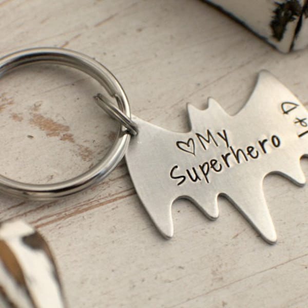 I Love My Superhero - Personalized Superhero Keychain - Personalized Hand Stamped BAT Keychain - Anniversary Keychain - Father's Day Gift