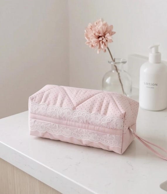 Pink Quilted Polka Dot Cosmetic Bag with Lace Trim, Pencil Case