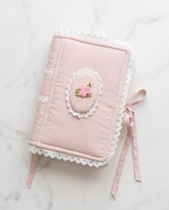 Pink polka dot with brooch element book cover Handmade