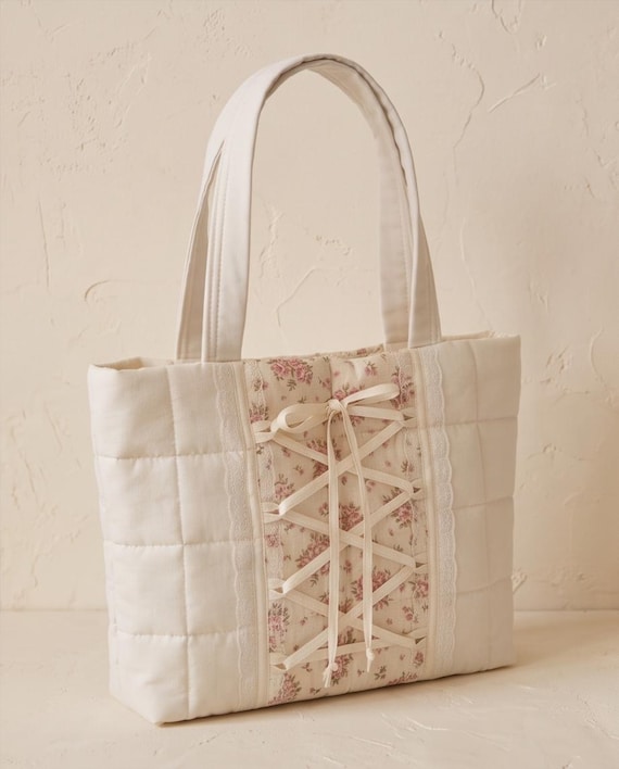 Quilted Cream Shoulder Bag floral corset detail Handmade