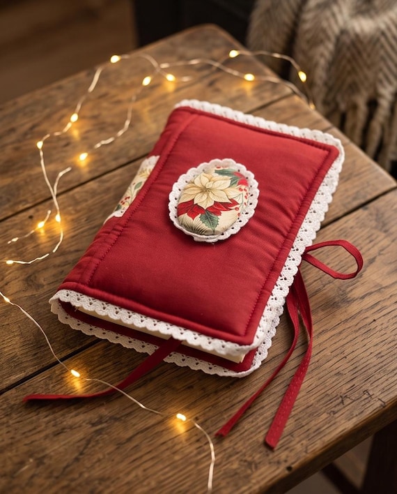 Red white lace book cover Handmade