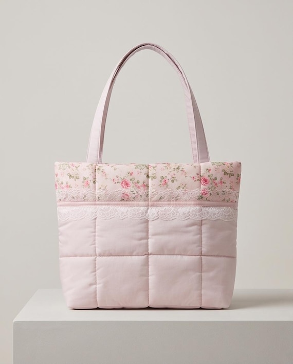 Quilted Cotton Pink floral lace Tote bag Handmade