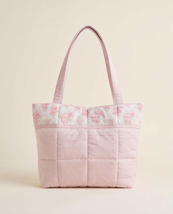Quilted Cotton Pink floral lace Tote bag Handmade