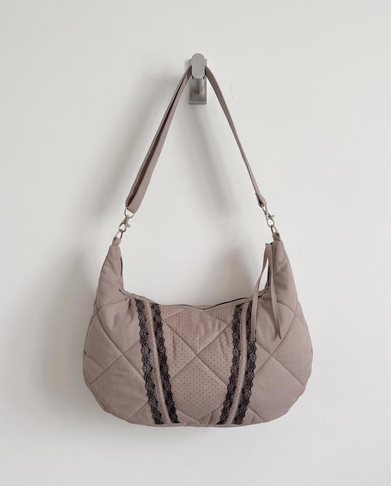 Brown polka dot black lace Shoulder Bag Handmade