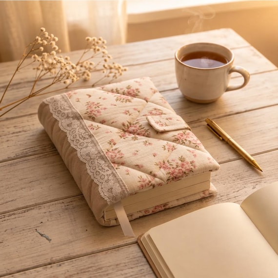 Beige floral book, journal cover Handmade