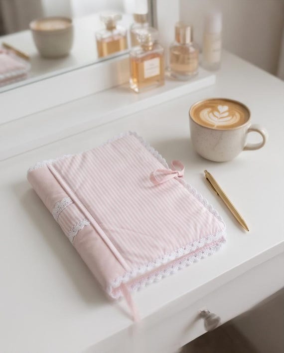 Pink stripe cotton lace book cover Handmade