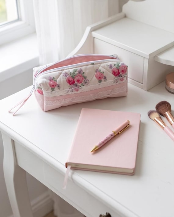 Quilted pink floral with lace Cosmetic Bag Handmade