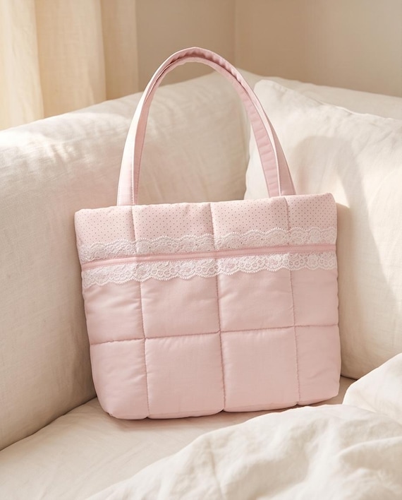 Quilted Pink polka dot lace Tote bag Handmade