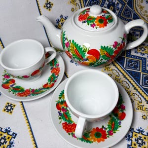 Handmade Petrykivka Ceramic Teapot, Floral Design, Tea Lover Gift, Handpainted Tea Set with Flowers, Floral Tea Set, Set for 2, Gift for mom