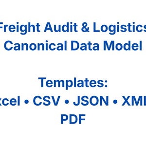 May include: A white background with blue text that reads "Freight Audit & Logistics Canonical Data Model". Below, it lists "Templates:" followed by Excel, CSV, JSON, XML, and PDF.