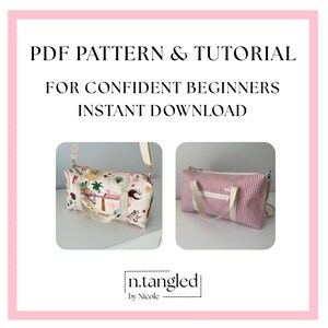 May include: A PDF pattern and tutorial for confident beginners, instant download, featuring two duffel bags. One bag has a cream base with tropical illustrations, the other has pink and white vertical stripes. Both include zippers and straps.