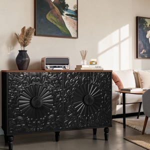 Handmade Art Deco Floral Credenza - Embossed Wood Sideboard, 47"
