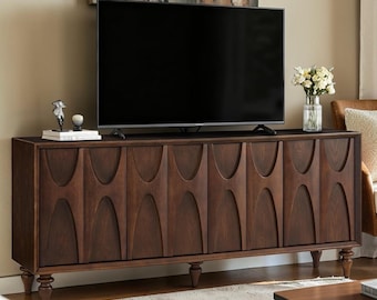 63 Inch Walnut Sideboard Cabinet, Mid Century Modern Credenza Storage Buffet