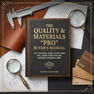Op de afbeelding: Een boek getiteld "The Quality & Materials 'Pro' Buyer's Manual" met de tekst "The Technical Guide to Spotting Well-Made Furniture and Avoiding Expensive Junk." De afbeelding bevat een schuifmaat, loepen, houtmonsters en blauwdrukken.