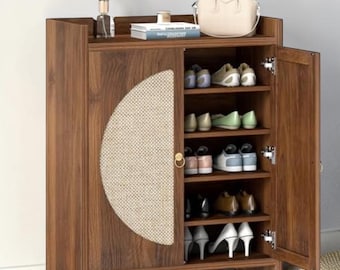 Rattan Shoe Storage Cabinet with Adjustable Shelves for Entryway Hallway Living Room