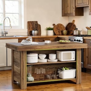 May include: A rustic wooden kitchen island with open shelving. The island features a microwave, dishes, glassware, and a blender. A book and a cup sit on the countertop. The kitchen has wooden cabinets and a stainless steel sink.