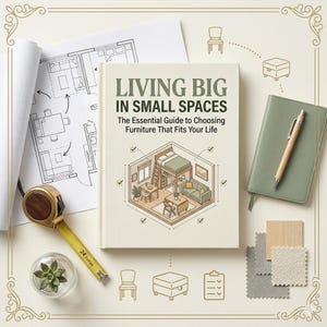 Pode incluir: Um livro intitulado "Living Big in Small Spaces" com uma ilustração de um plano de apartamento pequeno. Uma fita métrica de 61 cm, uma suculenta em uma tigela de vidro, um caderno e amostras de tecido também estão presentes.