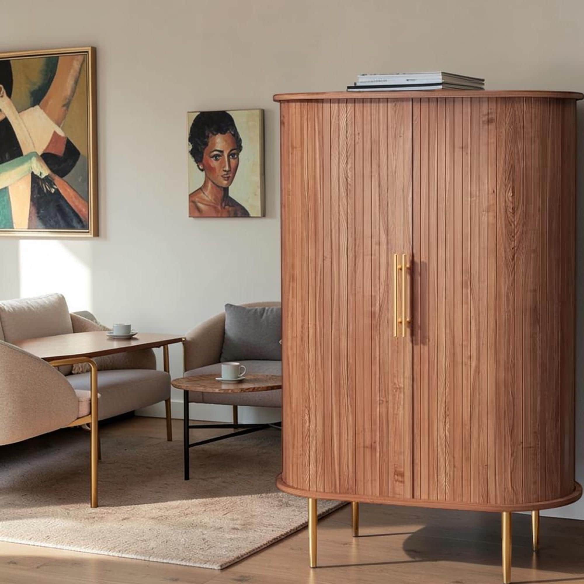Tambour Door Wine Bar Cabinet with Glass Holder, Coffee Station, Modern Storage Buffet