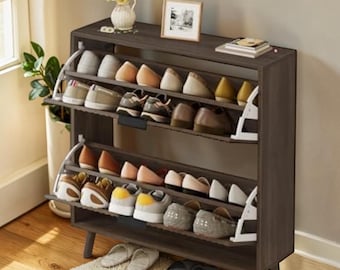 Narrow Shoe Cabinet Flip Drawers Fluted Doors Entryway Storage Organizer