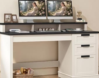 Farmhouse Executive Desk Rustic Office Table with Storage Drawers Monitor Shelf