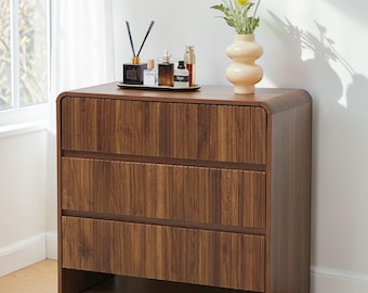 Fluted Wood Dresser Curved Edge Mid Century Modern Storage Chest Nightstand Cabinet