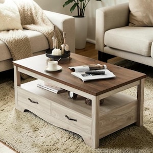 Farmhouse Coffee Table with Storage Drawers, Curved Base Living Room Table