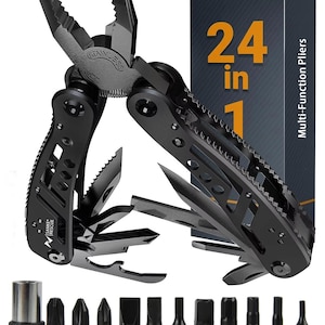 May include: A black multi-function pliers tool with various attachments, including a knife, saw, and screwdriver bits. The tool is labeled "24 in 1" and "SANKE+ RESCUE". The pliers are made of stainless steel.