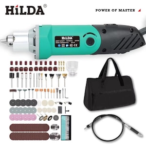 May include: A green and black rotary tool kit with the brand name "HILDA". The kit includes a variety of attachments, a black carrying bag, and a flexible shaft. The text "POWER OF MASTER" is also visible.