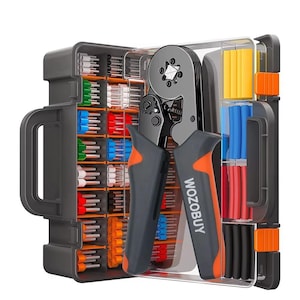 May include: A grey toolbox with a handle, containing various electrical connectors and a crimping tool. The crimping tool has black and orange handles, with the brand name "WOZOBUY" printed on it. The toolbox has a clear plastic cover.