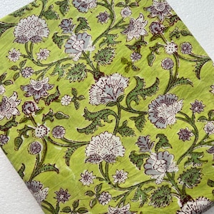 Pink Green Floral Hand Block Print Cotton Fabric By Yard, Indian Botanical Upholstery SewingFabric