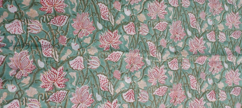 Hand Block Printed Cotton Fabric in Soft Teal Green with Traditional Floral and Botanical Motifs, Indian Handmade Textile for Sewing, Quilting, Clothing, Home Decor and Craft Projects
Beautiful Teal Green Hand Block Print Fabric with Large Red and White Floral Flowers, Botanical Leaves and Delicate Traditional Indian Motifs, Artisan Cotton Textile for Sewing and DIY Projects
Traditional Indian Hand Block Printed Fabric Featuring Floral Vine, Leaf and Flower Motifs on a Teal