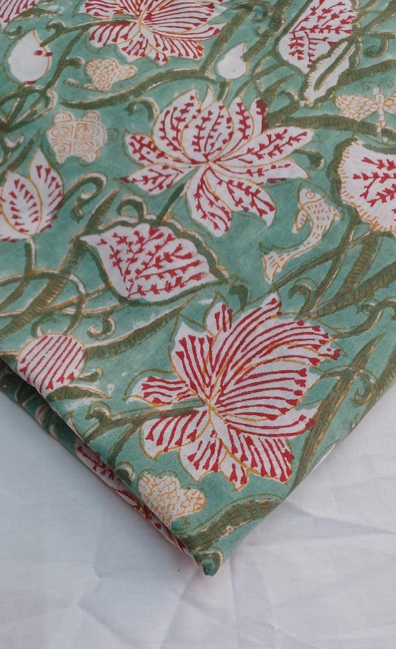 Sage Green Red Floral Block Print Cotton Fabric| Indian Boho Sewing Textile By Yard