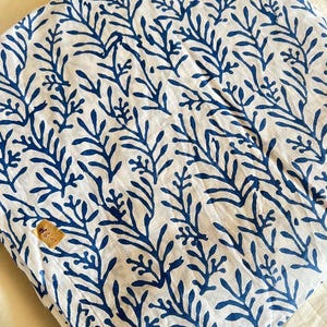 Indian Hand Block Print Cotton Fabric By the Yard |Blue Botanical Vine Textile, Coastal Upholstery