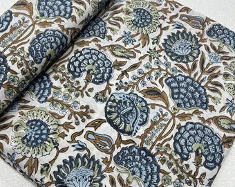 Blauwe katoenen stof met bloemenprint, op maat gesneden, Indiaas groen botanisch gordijnlinnen.