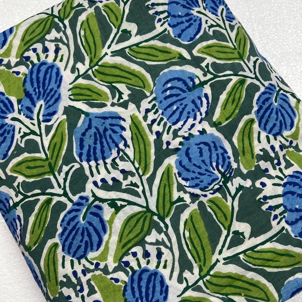 Blue Floral Hand Block Print Cotton Fabric By The Yard, Indian Green Botanical Craft FabricTextile