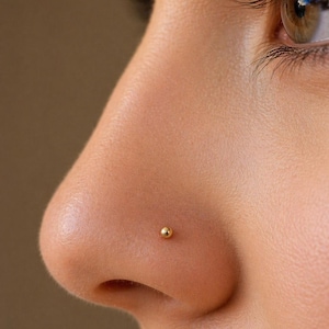 Puede incluir: Primer plano de una nariz con un pequeño piercing de nariz dorado en forma de bola. El piercing está centrado en la fosa nasal. La piel es de un tono claro y cálido, con un fondo marrón suave.