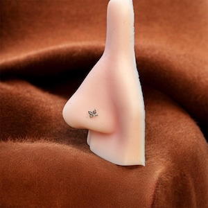 May include: A nose stud featuring a small butterfly design. The jewelry is silver-toned and set on a light-colored nose model. The background is a textured, brown fabric.