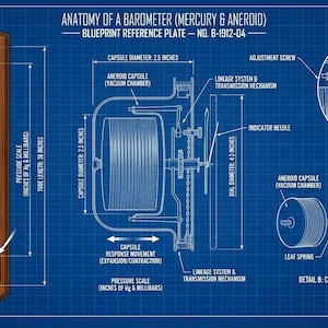 May include: Blueprint of a barometer, labeled "Anatomy of a Barometer (Mercury & Aneroid)". The diagram includes a mercury column, aneroid capsule, and pressure scale. Tube length is 36 inches, and dial diameter is 4.5 inches.
