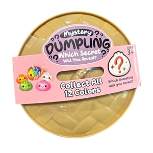 Może przedstawiać: Okrągły, beżowy pojemnik o plecionej fakturze na zabawkę Mystery Dumpling. Różowa papierowa opaska owija środek, zawierając tekst Mystery DUMPLING Which Secret Will You Reveal? Collect All 12 Colors oraz ilustracje kolorowych pierożków typu dumpling.