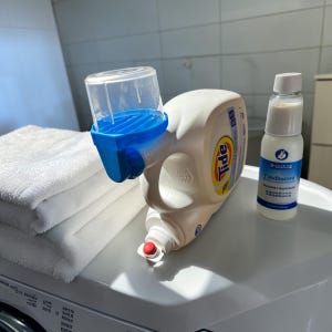 May include: A Tide laundry detergent bottle with a blue and clear measuring cup attached. A small bottle of laundry scent booster is next to the detergent. A stack of white towels is on the left.