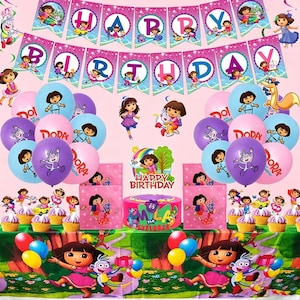 May include: A Dora the Explorer themed birthday party set. Includes a banner that says "Happy Birthday", balloons, cake, cupcakes, and party favors. The color scheme is pink, purple, blue, and yellow.